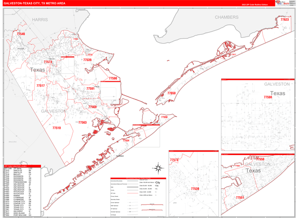 Galveston-Texas City Metro Area Digital Map Red Line Style
